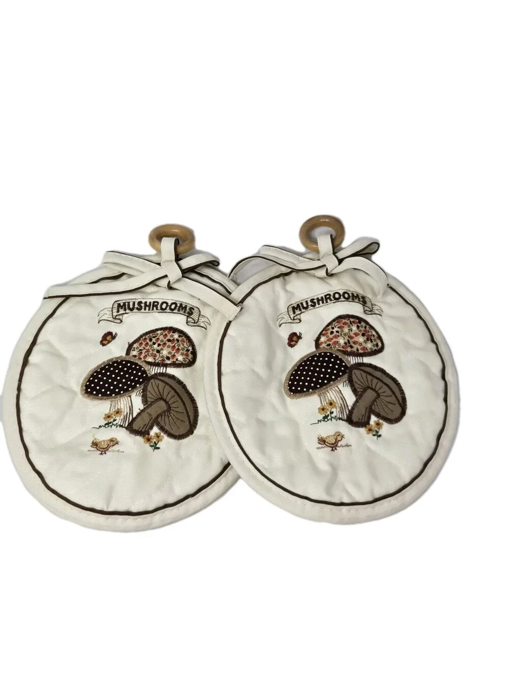 Vintage Retro 70’s Mushroom Embroidered Pot Holders Grandma Cottage Core X2